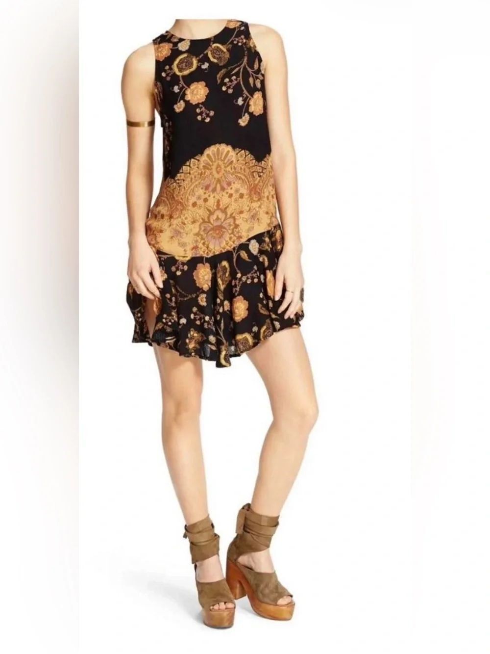 Free People Dobby Dot Flouncy Hem Slip Dress with black and gold floral ruffle